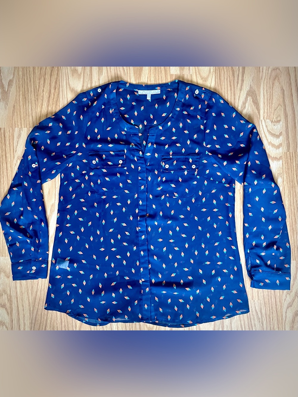 Daniel Rainn Sheer Navy Blouse with Orange & Teal Geo Print - Size Large